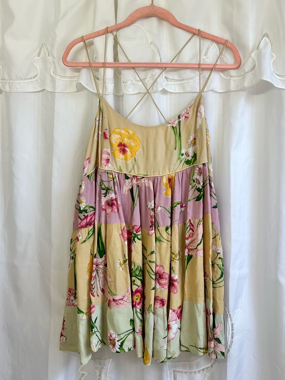 Vintage 90s Nostalgia Floral Patchwork Tiered Babydoll Top Rayon Boho M